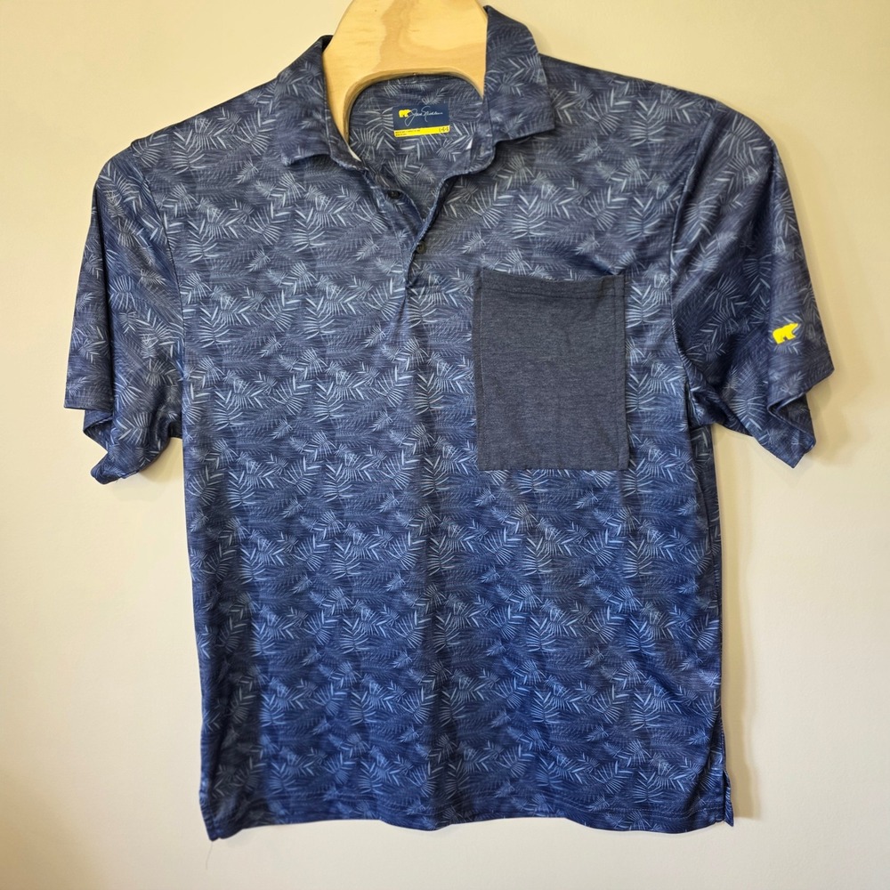 Jack Nicklaus Polo Shirt Mens L Blue Palm Print Pocket Golf Performance Custom